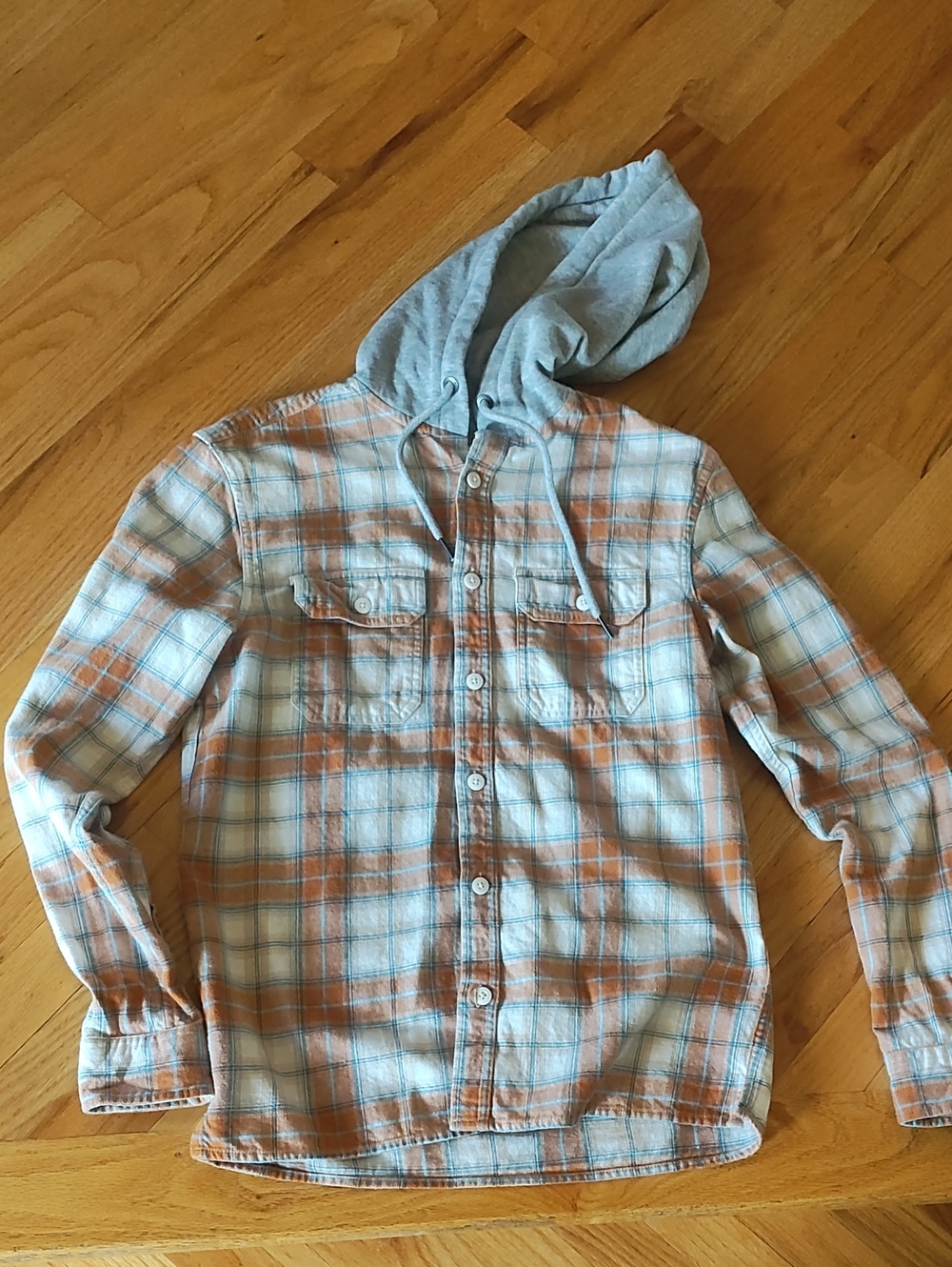 Aeropostale Orange & Gray Plaid Hooded Button-Up